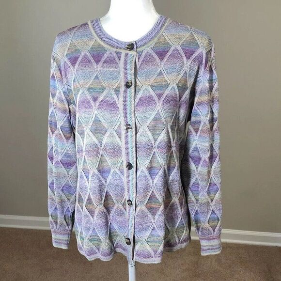 Vintage 70s Pastel Cardigan M Diamond Argyle Button Front Grandma - Picture 2 of 12